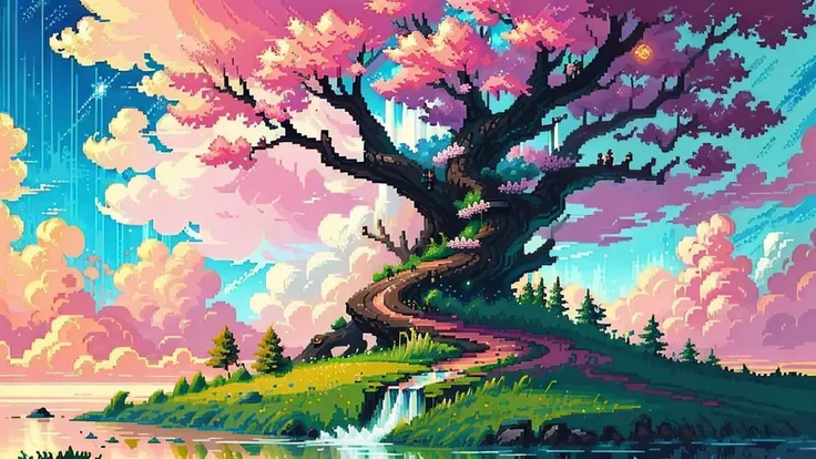 beautiful cherry blossom tree,8k,trending,highly detailed hyper realistic,dreamlikeart tree of live,grass,waterfalls,sky,floating island,fantasy,landscape,full tree,<lora:pixelart:1>,