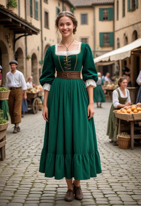 (medium full shot) of (poised young woman from the renaissance era), __cf-renaissance/ethnicity__, wearing a emerald green peasa...