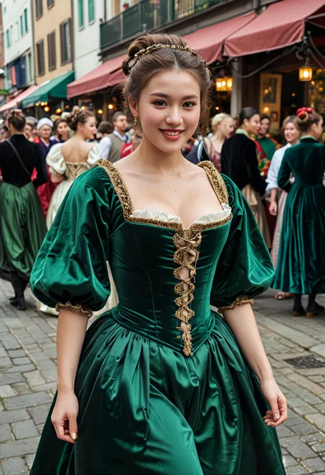 (medium full shot) of (elegant young woman from the renaissance era), chinese, fair skin, light brown eyes, busty build, extra l...