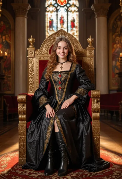 (medium full shot) of (regal young woman from the renaissance era), __cf-renaissance/ethnicity__, wearing a midnight black broca...