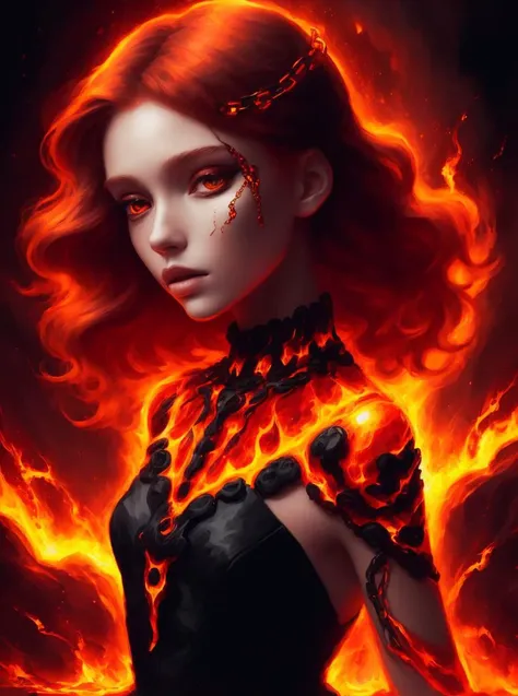 illustartion,digital art,portrait 1girl, posing,  short dress made of hellfashion, lava, fire, chains, short ginger hair, beautifull face, (masterpiece:1.3), complex ramdom background
 <lora:Heaven&HellFashion:0.7>,8k uhd, high quality, (intricate details:...