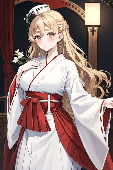 best quality, masterpiece, highres, solo, {white kimono:1.35}, {red hakama:1.35}, {wide sleeves:1.20}, {zara_kantaicollection:1.15}, long_hair, blonde_hair, braid, wavy_hair, french_braid, breasts, hat, brown_eyes, mini_hat, large_breasts, blush, hair_betw...