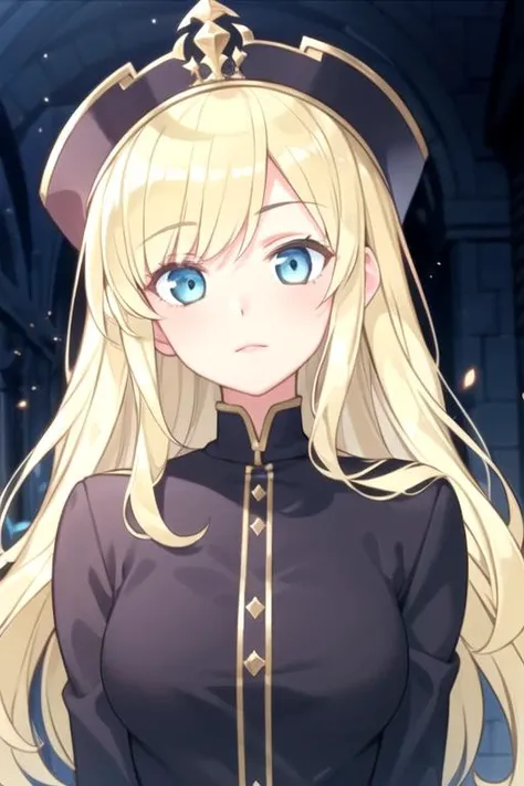 masterpiece, best quality, game cg, 1girl, solo, looking at viewer, upper body, depth of field, , , <lora:chiko_shinmoto:0.70>, chiko_shinmoto, blonde hair, aqua eyes, , A dark, foreboding castle where a wicked queen reigns, 2k resolution