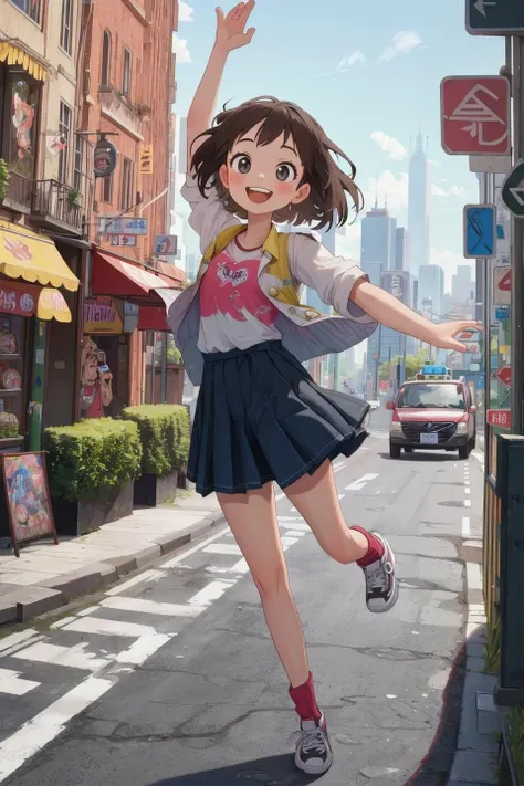 a girl in a skirt jumping in the air on a city street