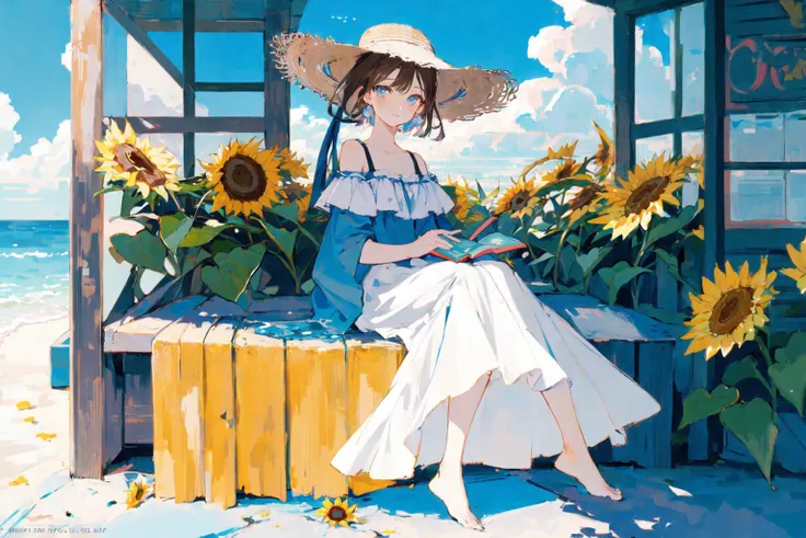 (masterpiece:1.2), best quality,PIXIV, Sweet girl
1girl, bird, hat, dress, flower, book, cloud, sitting, barefoot, brown hair, ocean, white dress, solo, bug, blue eyes, sunflower, hat flower, short hair, day, butterfly, sky, holding, seashell, beach, windo...