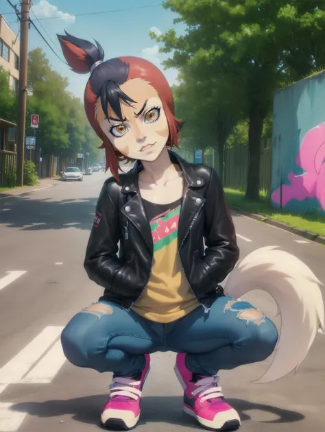 a woman in a leather jacket and jeans squatting on the street