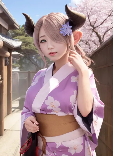 photo, realistic, detailed lighting, narmaya, large breasts, yukata, horns, hair over one eye, cowboy shot, clouds, cherry blossoms, shrine gate <lora:Narmaya (Granblue Fantasy):1.1>