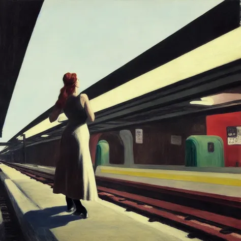 a painting of a woman standing on a subway platform at a subway station and train tracks at night, by edward hopper