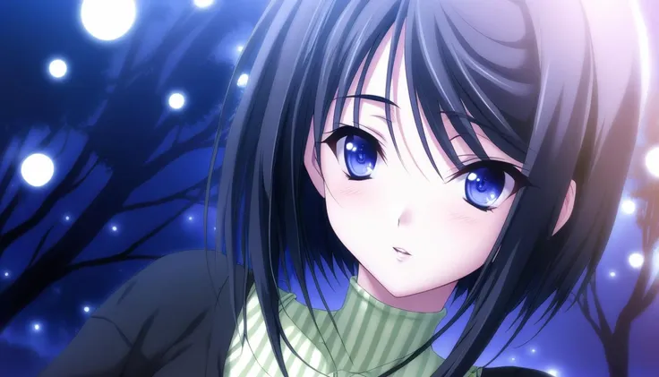 anime girl with long black hair and blue eyes staring at something