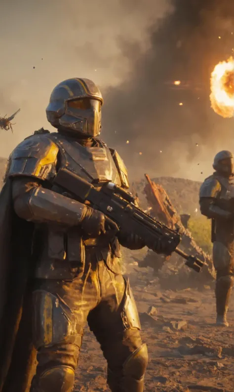Masterpiece, best quality, ultra high res, HDR, 8k resolution, very detailed sexy female helldivers wearing battle damage armor, scratched up armor, yellow stripes, long dirty cape blowing to the right, muddy, burning scenery with lots of explosions, sword...