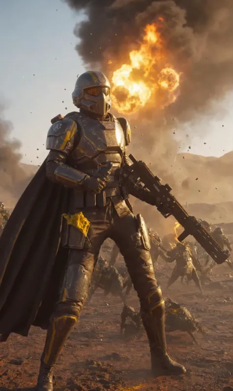 Masterpiece, best quality, ultra high res, HDR, 8k resolution, photorealistic, very detailed sexy female helldivers wearing battle damage armor, scratched up armor, yellow stripes, long dirty cape blowing to the right, muddy, burning scenery with lots of e...