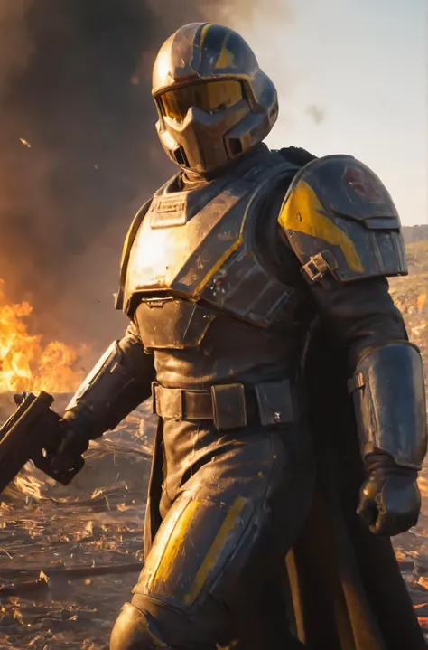 ultra high res, HDR, 8k resolution, very high detailed beautiful female helldiver sexy body, no helmet full scratched battle damage armor and long cape, yellow vertical paint stripe helmet, yellow paint stripe shoulder armor, yellow paint stripe chest armo...