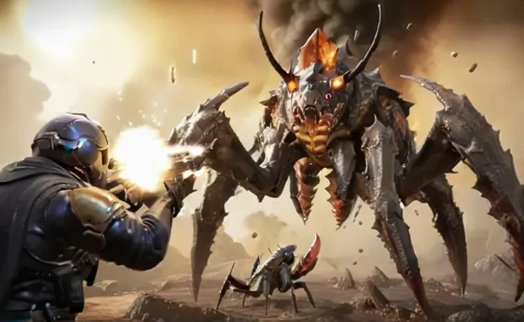 <lora:helldivers:0.7>,helldivers,four helldivers battling giant bug monsters,incredibly absurdres,realistic,reality,explosions,