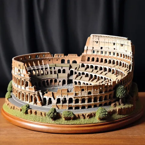 <lora:M1n14tur3_XL-000002:0.9>,photo of (M1n14tur3:1.1) ceramic sculpture of the (Coliseum in Rome:1.3),landscape architecture render,photo realistic,ornate,studio photograph,sitting on a wooden counter with a black cloth background,bokeh,tilt shift,super ...