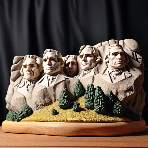 <lora:M1n14tur3_XL-000002:0.9>,photo of (M1n14tur3:1.1) ceramic sculpture of the (Mount Rushmore:1.3),landscape architecture render,photo realistic,ornate,studio photograph,sitting on a wooden counter with a black cloth background,bokeh,tilt shift,super de...