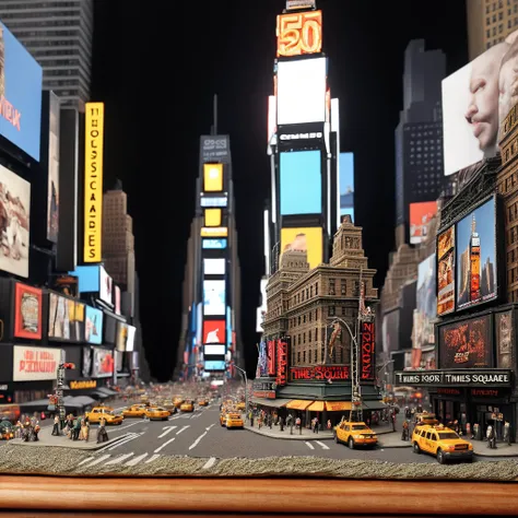 <lora:M1n14tur3_XL-000002:0.9>,photo of (M1n14tur3:1.1) ceramic sculpture of the (Times Square in NYC:1.3),landscape architecture render,photo realistic,ornate,studio photograph,sitting on a wooden counter with a black cloth background,bokeh,tilt shift,sup...