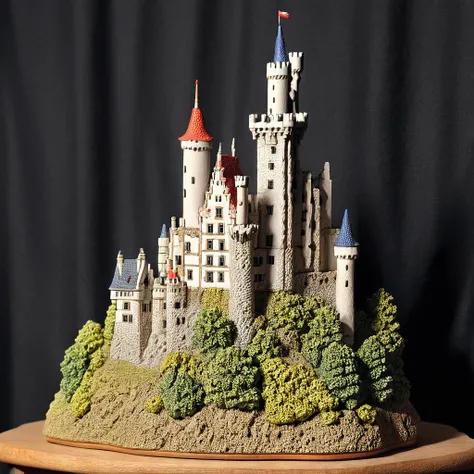 <lora:M1n14tur3_XL-000002:0.9>,photo of (M1n14tur3:1.1) ceramic sculpture of the (Lichtenstein Castle in Germany:1.3),landscape architecture render,photo realistic,ornate,studio photograph,sitting on a wooden counter with a black cloth background,bokeh,til...