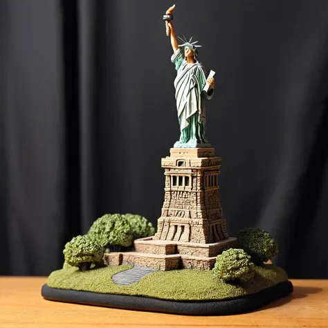 <lora:M1n14tur3_XL-000002:0.9>,photo of (M1n14tur3:1.1) ceramic sculpture of the (Statue of Liberty:1.3),landscape architecture render,photo realistic,ornate,studio photograph,sitting on a wooden counter with a black cloth background,bokeh,tilt shift,super...