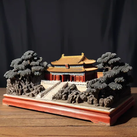 <lora:M1n14tur3_XL-000002:0.9>,photo of (M1n14tur3:1.1) ceramic sculpture of the (forbidden city in china:1.3),landscape architecture render,photo realistic,ornate,studio photograph,sitting on a wooden counter with a black cloth background,bokeh,tilt shift...