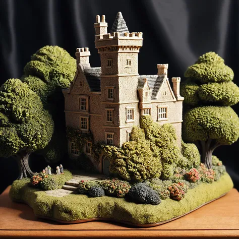 <lora:M1n14tur3_XL-000002:0.9>,photo of (M1n14tur3:1.1) ceramic sculpture of a English tower house castle,surrounded by an english garden,trees,birds,landscape architecture render,photo realistic,ornate,studio photograph,sitting on a wooden counter with a ...