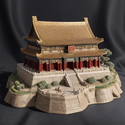 <lora:M1n14tur3:0.9>,photo of (M1n14tur3:1.1) ceramic sculpture of the (Forbidden City in China1.3),landscape architecture render,photo realistic,ornate,studio photograph,sitting on a wooden counter with a black cloth background,bokeh,tilt shift,super deta...