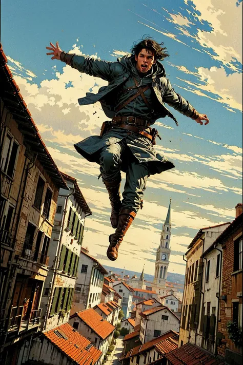 1boy,male focus,solo,sky,falling,building,day,black hair,jumping,city,cloud,jacket,boots,midair,belt,outdoors,ws7,
Best quality,masterpiece,ultra high res,<lora:ws8:0.7>,