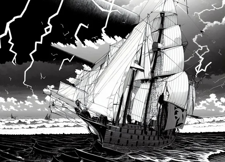 (storm, lighting:1.2),monochrome, highres,masterpiece,<lora:kentaro_miura_berserk-46:1> kentaro_miura_berserk, outdoors, sky, cloud, ocean, scenery, watercraft, ship, , wind, waves, galleon, decorations, figurehead