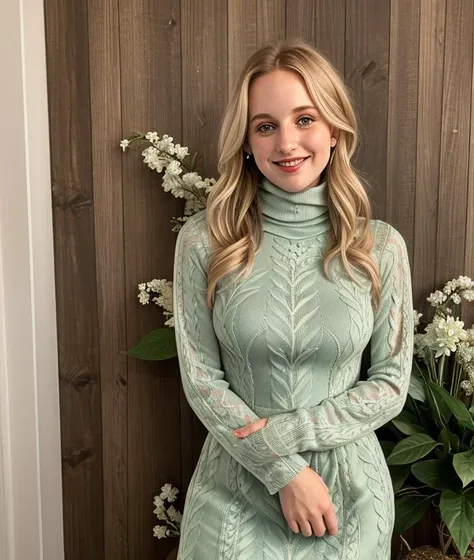 a woman in a green dress standing in front of a wooden wall