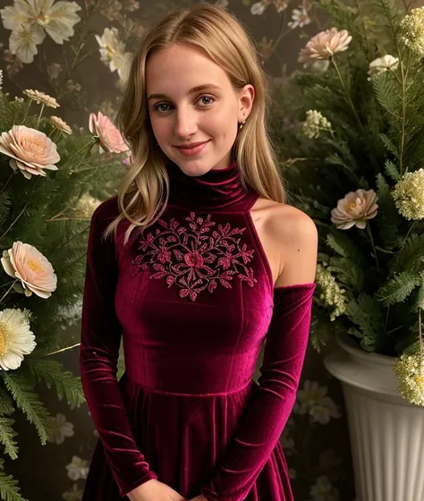 arafed woman in a velvet dress standing in front of a flower arrangement