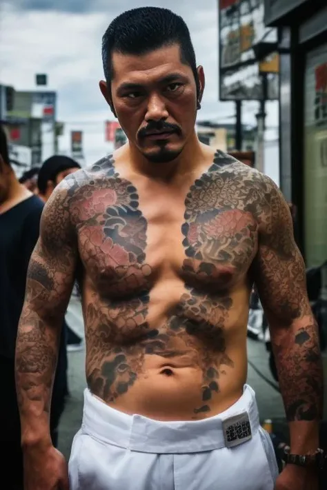 yakuza, <lyco:wabori1:1.0>wabori,street fighter, cowboy shot, in  akihabara maid  cafe,a men wabori skin,yakuza,background in tokyo,realistic,photreal,masterpiece,best quality,cinematic photo of a mexican cartel ganger with tatoos, epic lighting,tattoo,  <...