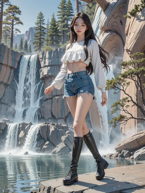 araffe in a white shirt and denim shorts standing on a rock near a waterfall