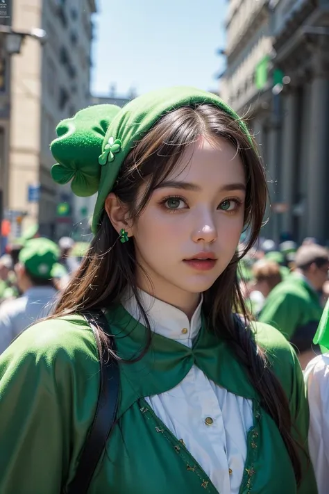 a close up of a woman in a green outfit with a green hat