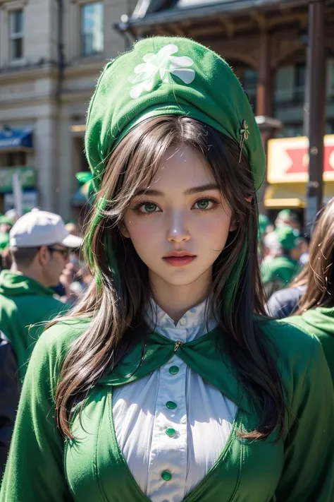 (4K, HDR), professional lighting, realistic texture, masterpiece, best quality, finely detailed, (Photos with landscapes and people), ((St. Patricks Day festivities are covered in green costumes and green symbols)), (Compositionally impressive photo), <lor...