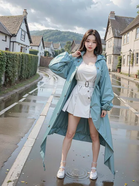 araffe woman in a white dress and blue coat standing on a wet street