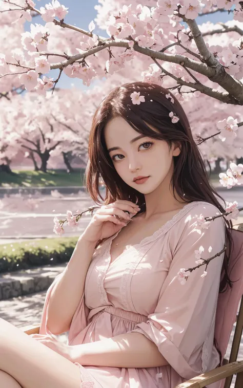 (worms eye:1.5), (ultra wide establishing shot, solo focus, cinematic photoshoot of perfect seductive young woman Relaxing Under a Cherry Blossom Tree:1.3), serene scene under a cherry blossom tree in full bloom, with petals gently falling like a soft pink...