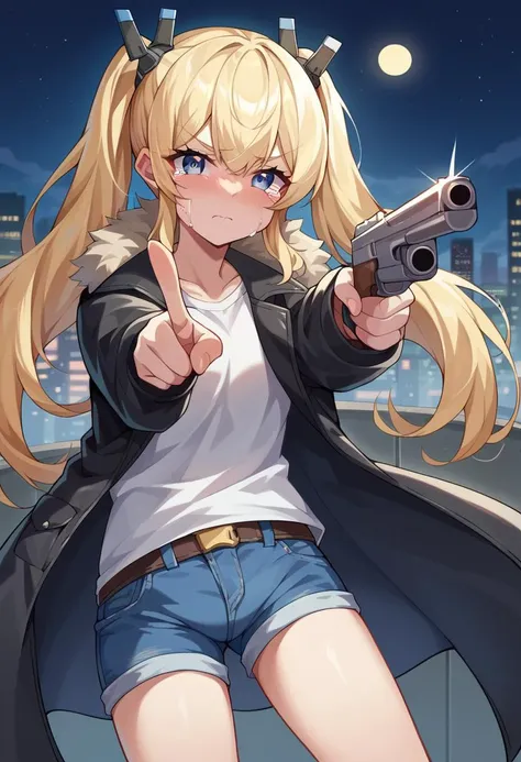 score_9, score_8_up, score_7_up, score_explicit, source_anime,
BREAK
1girl, solo, 
<lora:laplace-nikke-richy-v1_pdxl:0.8>, laplace, blonde hair, twintails, long hair, hair ornament, blue eyes, 
fur trim, black coat, denim shorts, skin tight,  
(holding gun...