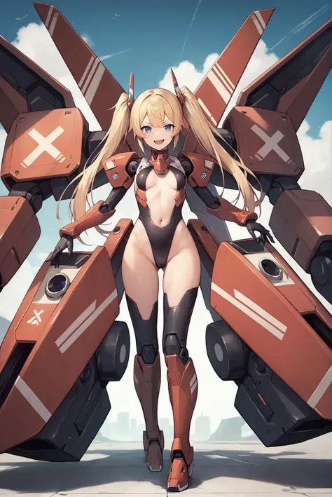 masterpiece, detailed quality, 1girl, solo, detailed background, score_9, source_anime, score_8_up, score_7_up,  giant robot, <lora:laplace-nikke-richy-v1_pdxl:.2>laplace, blonde hair, twintails, long hair, blue eyes, small breasts, smug, smile, open mouth...