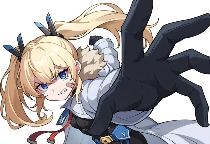 anime girl with long blonde hair and blue eyes holding a black glove