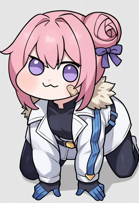 a cartoon girl with pink hair and blue eyes wearing a white jacket