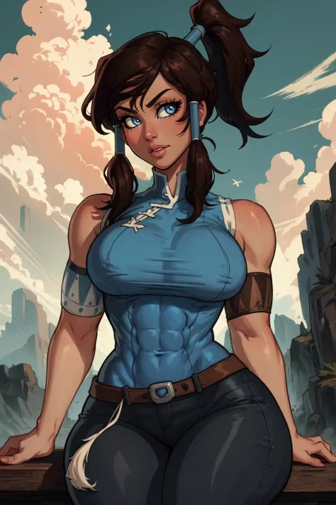 1girl, (solo:1.2), (cowboy shot:1.2), (looking at viewer:1.3),
<lora:Korra [justTNP - v1.0]:1> korra, dark skin, (dark-skinned female:1.2), pants, ponytail, hair tubes, sleeveless, bare shoulders, brown hair, blue eyes, toned, (muscular female), (large bre...