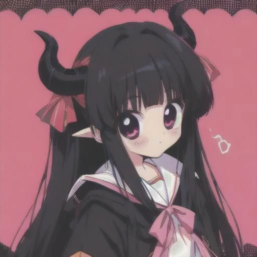 female, female, black hair, black hair, devil horns, devil horns, hime haircut, straight hair, retro anime. retro style, harajuku style, 90s anime, 90s anime