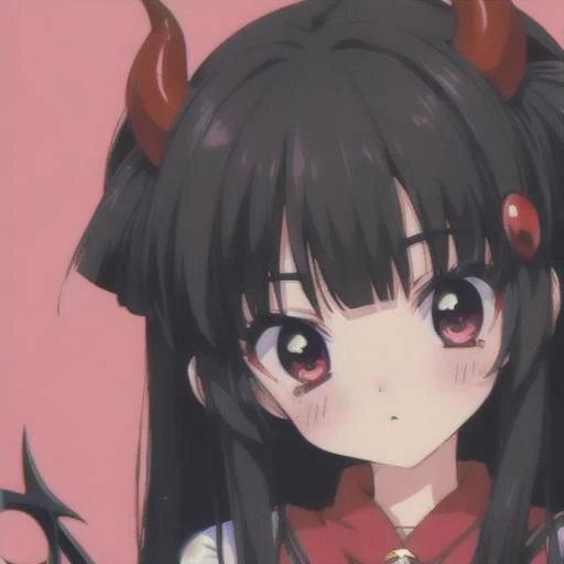 female, female, black hair, black hair, devil horns, devil horns, hime haircut, straight hair, retro anime. retro style, harajuku style, 90s anime, 90s anime