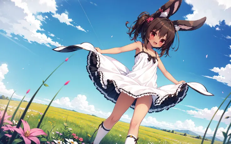 <lora:i-26_v1.0:0.8>,i19_(azur_lane), rabbit_ears, brown_hair, red eyes,dark-skinned_female, dark_skin,white camisole,white dress, field, standing,vanishing point,s;d,A girl in the wind,spread arms, full body, flower,, masterpiece, best quality, high contr...