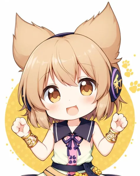 toyosatomimi no miko,1girl, solo, earmuffs, open_mouth, chibi, purple_ribbon, :d, looking_at_viewer, fang, bracelet, black_belt, neck_ribbon, blush, sleeveless_shirt, bare_shoulders, circle, hands_up, upper_body, outside_border, paw_pose, paw_print_backgro...