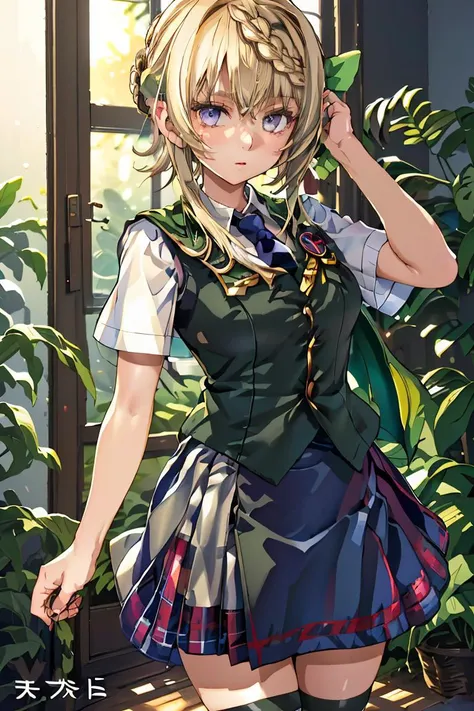 (masterpiece, best quality), 1girl,   <lora:perth:1> perthKC, 1girl, solo, short hair, skirt, shirt, thighhighs,school uniform, white shirt, braid, short sleeves, pleated skirt, necktie, hair bun, cape,green vest, blue skirt, dress shirt, plaid skirt, badg...