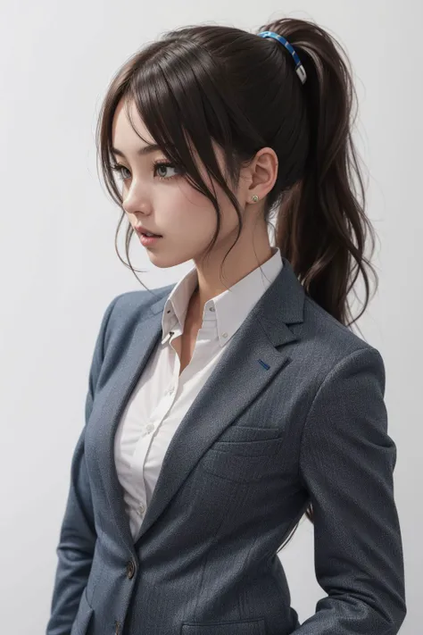 1girl wearing blazer, button-up, slacks, brunette ponytail, white background,facing viewer, midshot