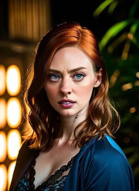 portrait of Deborah Ann Woll, contempt , wearing nightwear , with ash blonde Shag haircut , background jungle epic (photo, studio lighting, hard light, sony a7, 50 mm, matte skin, pores, colors, hyperdetailed, hyperrealistic), <lyco:Deborah Ann WollV7:1>