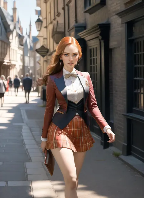 ((best quality)), ((masterpiece)), (detailed), portrait of sexy skswoman, wearing magician suits, skirts, walking down a diagon alley, harry potter world, <lyco:Deborah Ann WollV2:1.1>