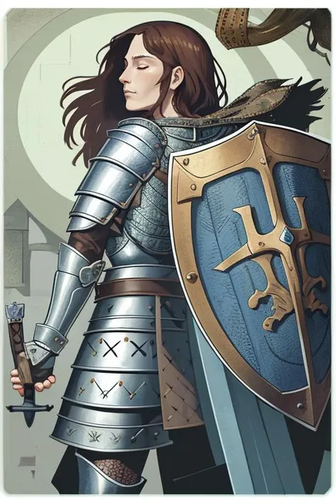 a woman in armor holding a sword and shield