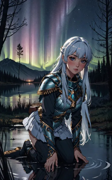 (Layered Depth:1.3), (cowboy shot, solo_focus, cinematic photoshoot of perfect seductive young woman:1.3), In the heart of a moonlit, ancient forest, a solitary Valkyrie kneels beside a serene lake. The water mirrors the night sky, dotted with constellatio...